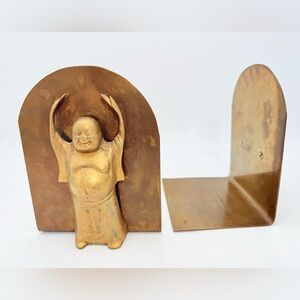 Pair Vintage Brass Laughing Buddha Bookends | Raised Hands Figurines